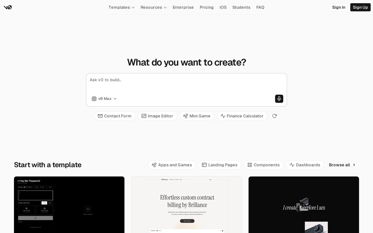 v0 homepage